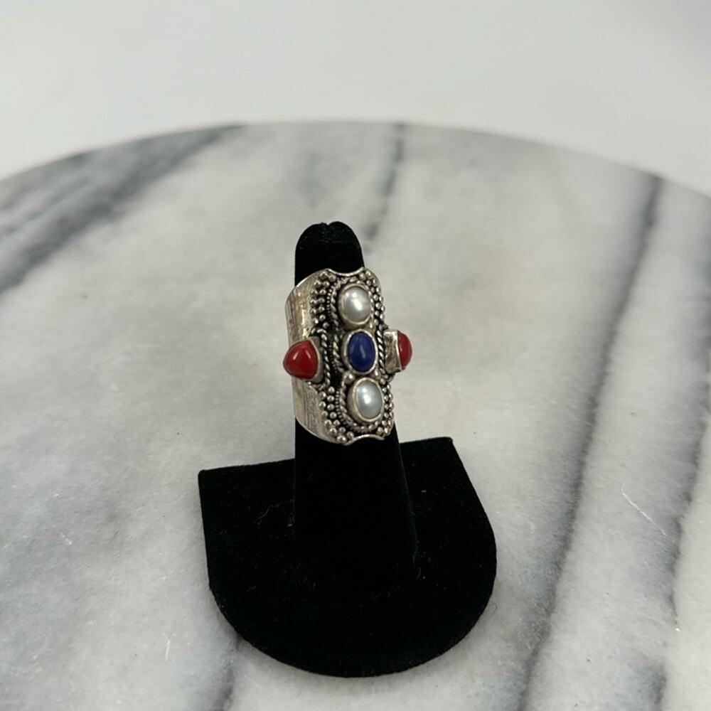 Silver plated lapis coral and pearl bohemian ring size 6